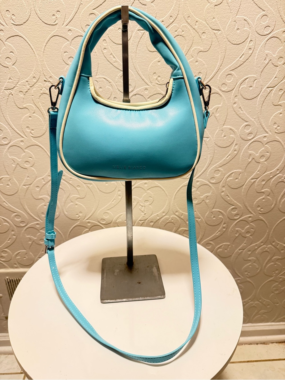 Melie Biianco Sky Blue Mini Hobo with Cream Trim and Detachable Strap - Picture 3 of 8
